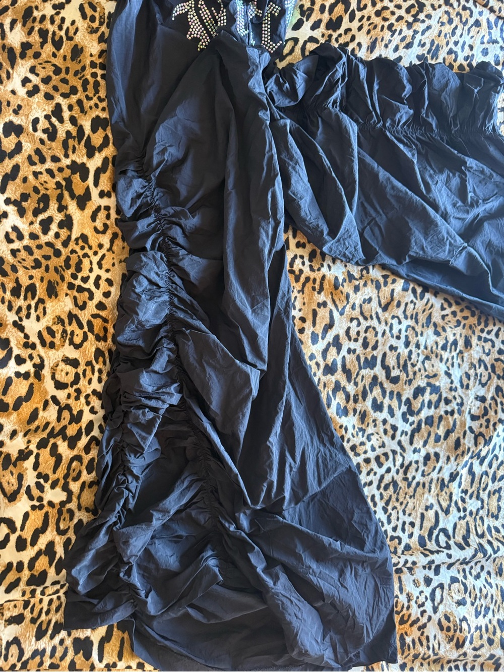 Black Rhinestone Not Nice Rouched Parachute Pants - Picture 5 of 6